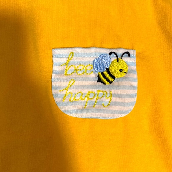 Abby & Evie Romper Overall Yellow Light Blue White “Bee Happy” with Buttons 12m - Picture 2 of 5